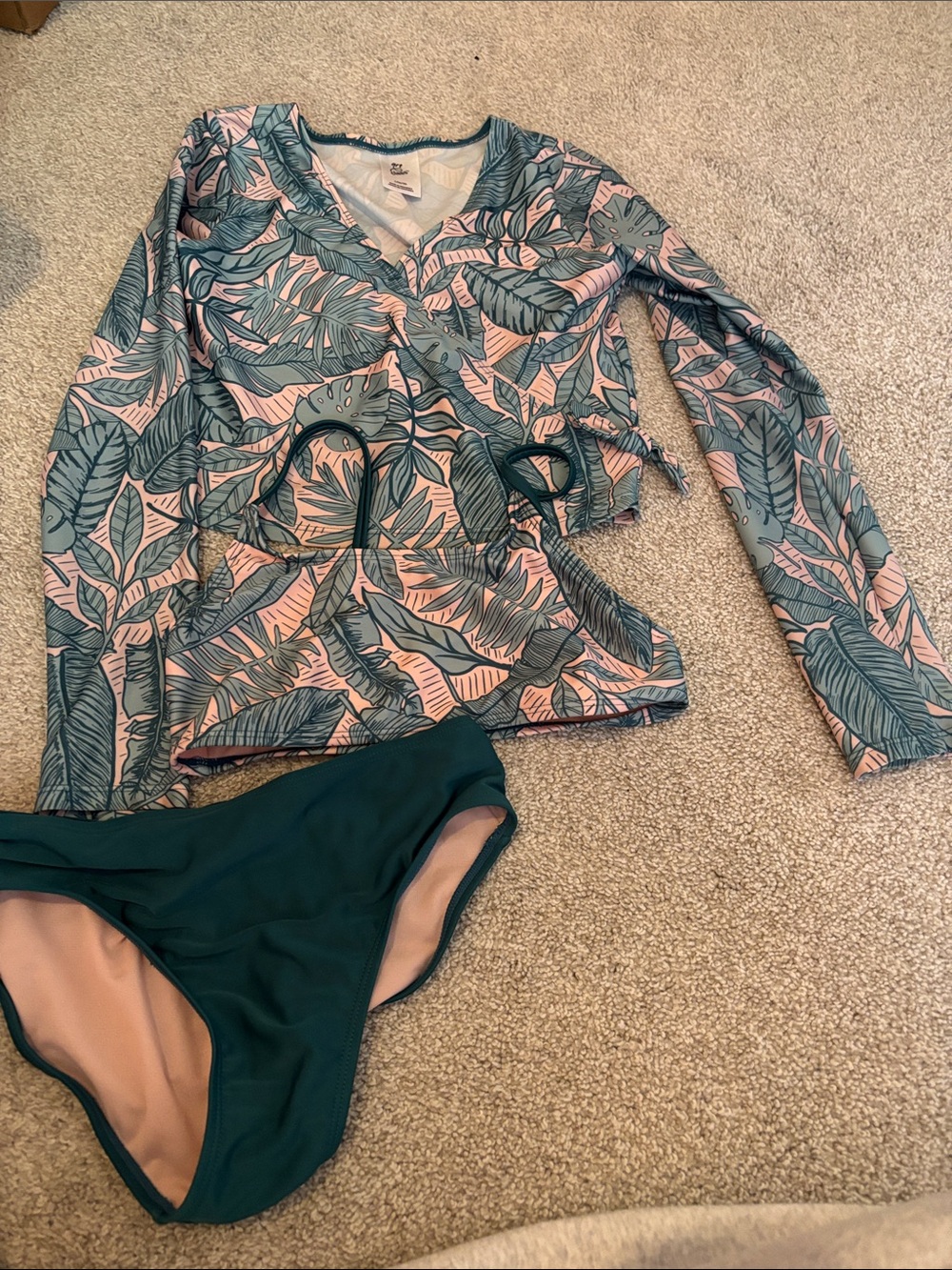 art class Girls Pink and Teal Leaf Print Rashguard Set
